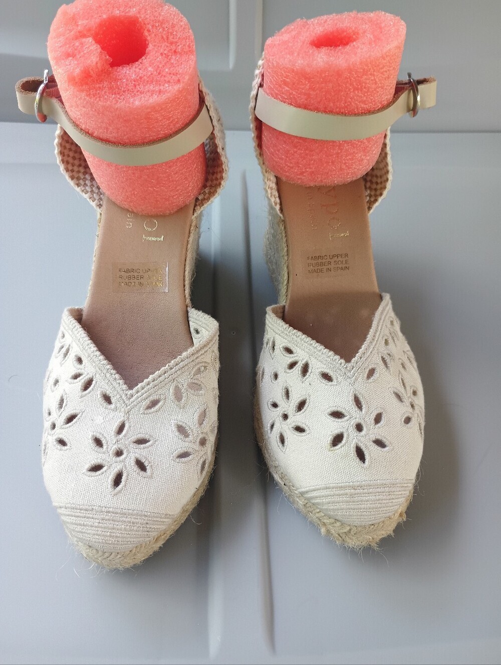 Cream-colored Maypol Beige Eyelet Canvas Espadrille Wedge Sandals Made in Spain - Picture 4 of 16